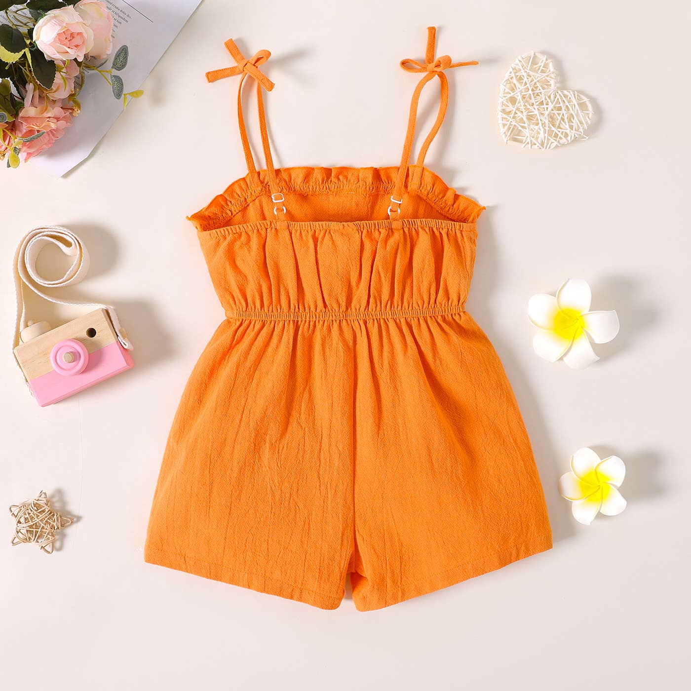 Toddler Girl Bowknot Stripe/Floral Print/Orange Cami Romper