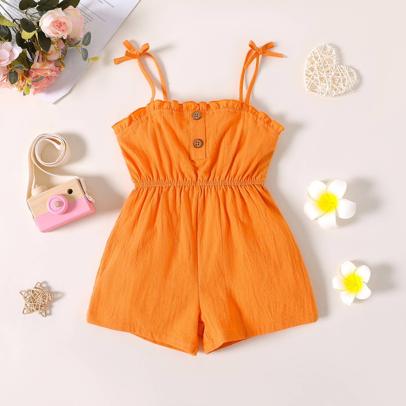 Toddler Girl Bowknot Stripe/Floral Print/Orange Cami Romper